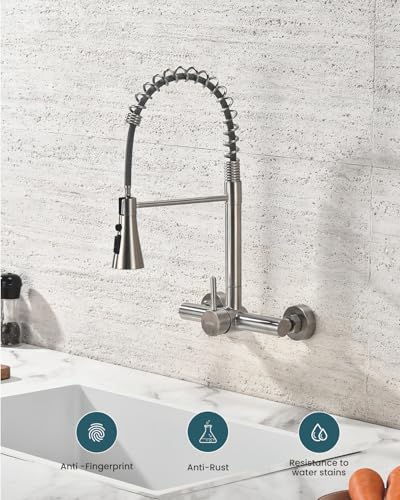 Wall Mount Kitchen Faucet Single Handles, 8 Inch Center Wall Commercial Utility Sink Faucet with Pull Out Sprayer 3 Modes, Stainless Steel, Brushed Nickel - color: Single Handle-Nickel, style: Wall Mount
