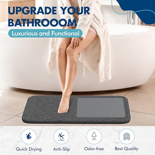 2-in-1 Stone Bath Mat with Rug – Diatomaceous Earth + Microfiber Fusion Mat for Bathroom – Ultra Absorbent, Quick-Dry, Non-Slip, Easy to Clean – Includes Gift Box & Tote