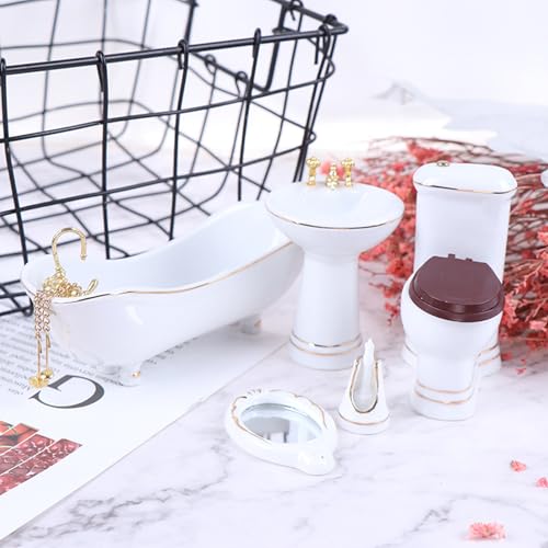 1:12 Dollhouse Miniature Porcelain Bathroom Set 5 PCS White Ceramic Toilet Basin Bathtub Mirror Miniature Furniture Doll Accessories for Bathroom Cake Topper Toy Fairy House Furniture Miniature Toys
