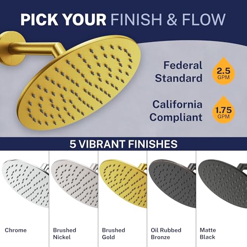 HammerHead Showers Solid Metal Round 8 Inch Rainfall Shower Head, High Flow Shower Head Optimized for Pressure, Brushed Gold, 2.5 GPM - color: Brushed Gold, size: 2.5 GPM