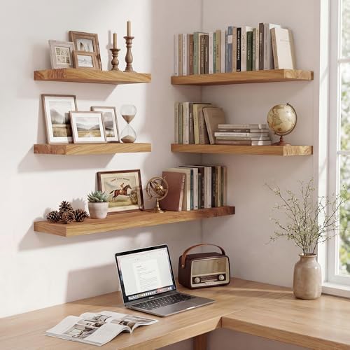 18'' Floating Shelves for Wall, 8''D Rustic Solid Elm Shelves, Natural 2PCs | 8" Deep Wall Shelf, Invisible Bracket, Living Room, Bedroom, Kitchen, Bathroom - color: Natural Flat Edge, size: 18x8x1.4in, Set of 2