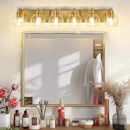 6-Light Brushed Gold Bathroom Vanity Light, Clear Glass Globe Shade | 38" modern bathroom light fixtures over mirror, E26 base, bulbs not included, VL195-BG-6 - color: Brushed Gold, Clear Glass, size: 6-light