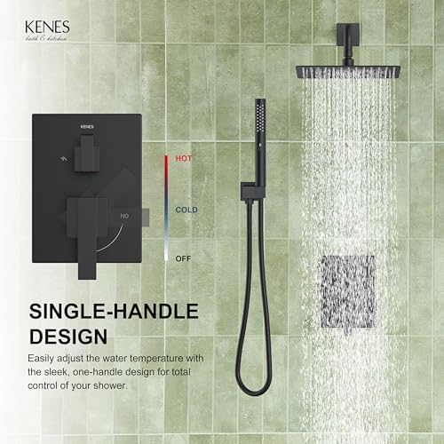 KENES Matte Black Rainfall Bathroom Shower System Rain Shower Head and Handle Set, Shower Faucet Set with 10-Inch Rain Showerhead and Handheld Spray, (Shower Valve Included), LJ-6026A-2 - color: Matte Black, style: Showerhead and Handheld