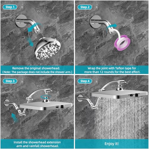 Hibbent Rain Shower Head, 13'' High Pressure Rainfall Square 5 Spray Mode Showerhead with 16" Shower Head Extension Arm, Solid Brass Adjustable Shower Arm Extender, Waterfall fixed Showerheads, Silver - color: Silver, style: Square 13'' with Arm