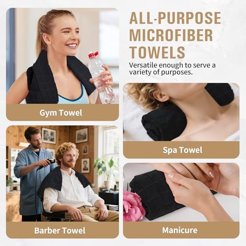 Salon Towels, 12 Pack Black Hand Towels for Bathroom, 16 by 27 Inches Bulk Quick Dry Absorbent Microfiber Hair Towel, Bathroom Towels for Gym Spa Barber Pedicure Makeup & Beauty