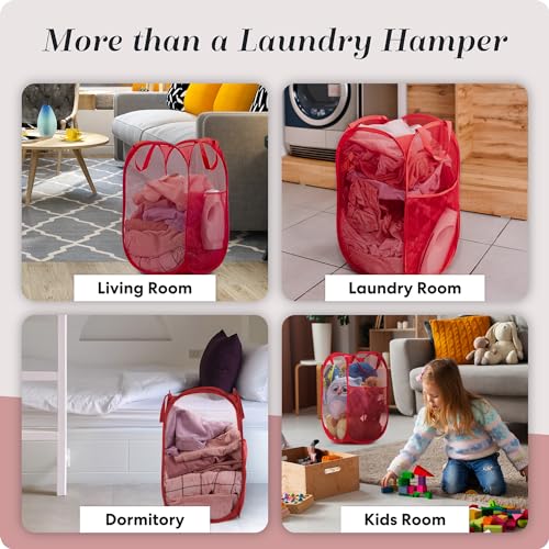 Handy Laundry Collapsible Mesh Pop Up Laundry Hamper with Side Pocket – Breathable, Space-Saving, Durable Basket for Clothes, Toys, Travel & Storage, 14 x 13 x 24 in, Red - color: Red
