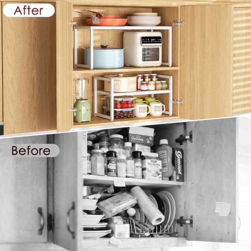 Expandable Kitchen Storage Shelves,100LBS Heavy Duty Metal Shelving Unit For Pot Pans Appliance,Adjustable White Small Shelf Rack Organizer For Kitchen Countertop Under Cabinet Closet Garage Pantry - size: 10.24"D x 23.82"W x 11.41"H