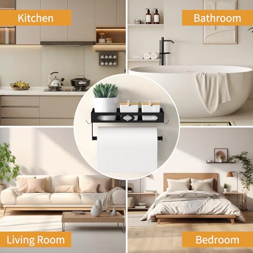 Wall Mount Paper Towel Holder with Shelf, Self Adhesive or Drill, Black | Easy One-handed Operation Design, Metal Hand Paper Towel Holder for bathroom, Kitchen, RV Paper Roll Holder Rack with 2 Hooks - color: Black