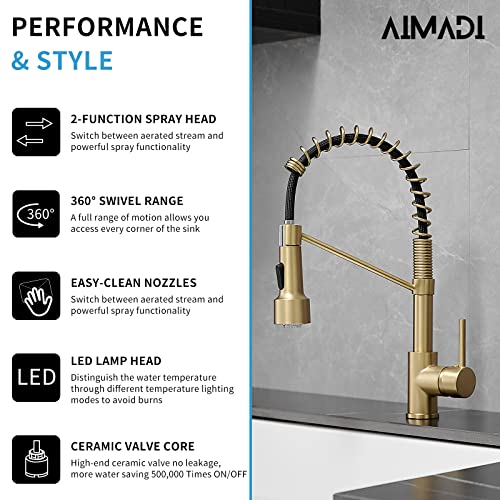 AIMADI Gold Kitchen Faucet with Sprayer,Modern Single Handle Spring | Brushed Gold Pull Down Kitchen Faucet with LED Light - color: Brushed Gold led