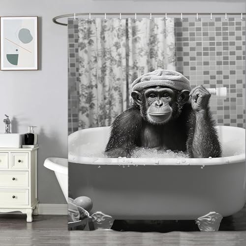Funny Monkey Shower Curtain, Black and White Fun Chimpanzee Animal Bathroom Curtains, 72x72 Humorous Shower Curtain Set, Gray Wildlife Boys Men Modern Cool Bathroom Curtain - color: Black Gray, size: 72"W x 72"L (Pack of 1)