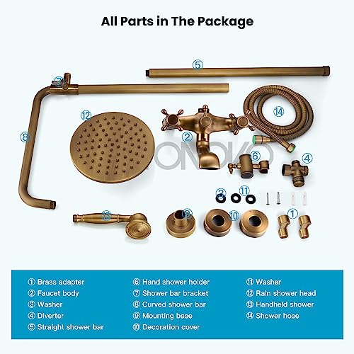 gotonovo Exposed Shower Faucet with Spout Antique Brass,Straight Pipe | Brass Bathroom Exposed Shower System,8’’ Rain Head,Swivel Tub Spout 2 Cross Handle,Adjustable Handheld Sprayer,Wall Mount - color: Antique Gold