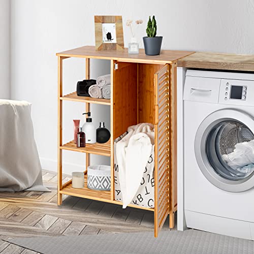 Tangkula Bamboo Bathroom Floor Cabinet, Storage Cabinet with Shutter Door and 3 Tier Shelves, Freestanding Bathroom Cabinet for Living Room Kitchen Hallway, Natural - style: Single Door