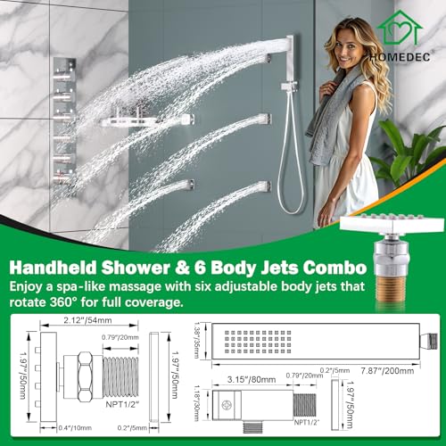 HOMEDEC 14x20" and 6" Shower Heads with Bathtub Spout, 5-Way Diverter Valve with Handheld and 6 Body Jets Rain Full Body Shower System Set, Chrome - color: Chrome, style: 5-Way + 1x 6" Top + Spout