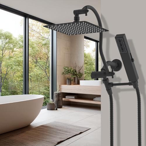 Hibbent All Metal cUPC Certified Shower Head, 8'' High Pressure Rainfall Showerhead Combo, Handheld Shower Wand, 12'' Adjustable Extension Arm, 4-Spray, 71'' Hose, Brass Shower Holder, Matte Black - color: Matte Black, style: Square 8''
