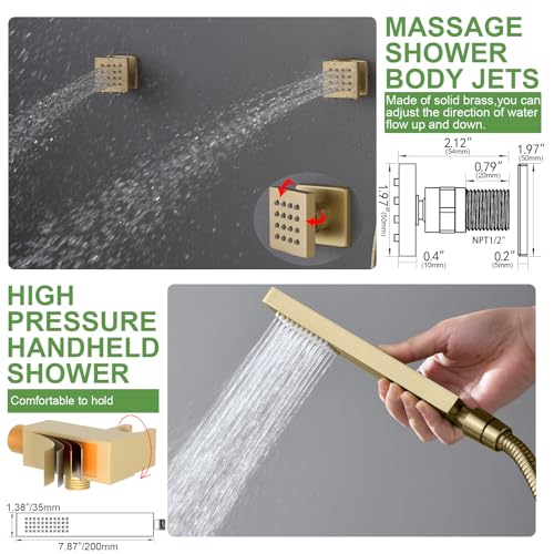 HOMEDEC 15.7x31.5" Ceiling Rain Shower System with Handheld, 6 Spray Jets, and Dual Side 6" Wall Mount Shower Head, Brushed Gold - color: Brushed Gold, style: 5-Way + 2x 6" Top