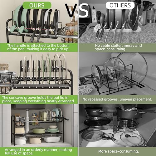 Expandable Under Sink Organizer,Pot and pan Organizer Under Cabinet | Pan Lid Organizer,Expandable Storage shelf with Pan Rack(7 Dividers),2 Baskets and 4 Panels,Adjustable partition height - size: Multi-functional with pot holder