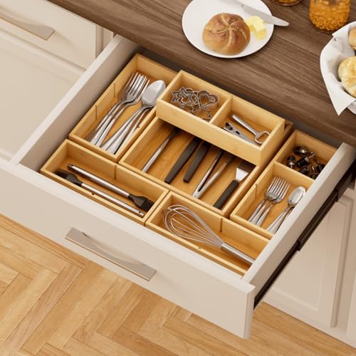 Lifewit Drawer Organizers 5 Pack(11 Grid) with 6 Inserts | Adjustable Bamboo Wooden Trays for Utensils, Silverware, Makeup, Kitchen, Bathroom, Office, Vanity Storage