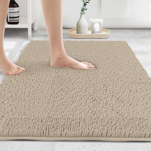 Standard 3pc Set Chenille Bath Mats, Includes 21"x24" U-Shaped Contour Toilet Rug, 21"x34" Inches Bathmat and 1 Toilet Lid Cover, Plush Absorbent Bath Mats Quick Dry, Beige - color: Beige, size: 24"x21", 34"x21" and TLC (Set)
