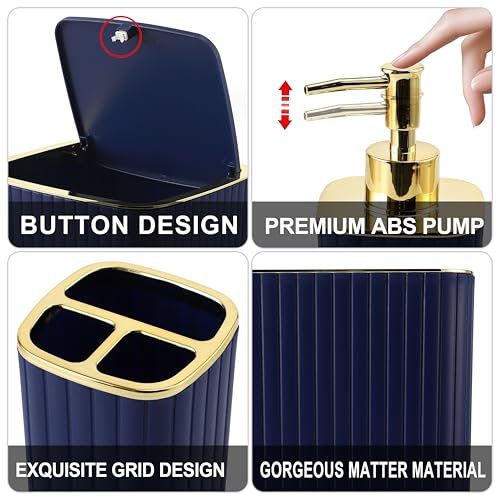 XLHOMO Bathroom Set - 26PC Bathroom Set with Shower Curtain and Rugs, Bathroom Accessory Set, Navy Blue Bathroom Sets, Trash Can & Soap Dispenser - style: Navy Blue&Gold