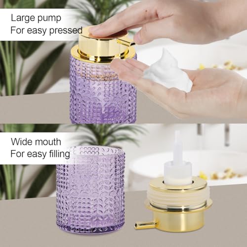 Foaming Soap Dispenser, Purple Glass Foam Soap Dispenser with Gold Pump, Refillable 10oz Lotion Liquid Container Pump Bottle for Bathroom Kitchen Countertop - color: Purple