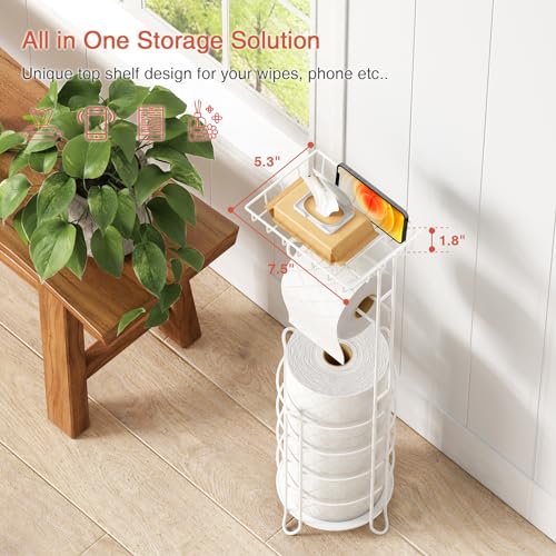 Goozii White Toilet Paper Holder Stand with Shelf, Free Standing Bathroom Tissue Holder for Large Mega Rolls, Metal Floor Toilet Paper Roll Holder with Wipes Storage and Phone Tray (White) - color: White