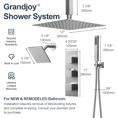 3-Function Thermostatic Shower System with Dual Rainfall Heads, Handheld Sprayer Brushed Nickel - color: Brushed Nickel