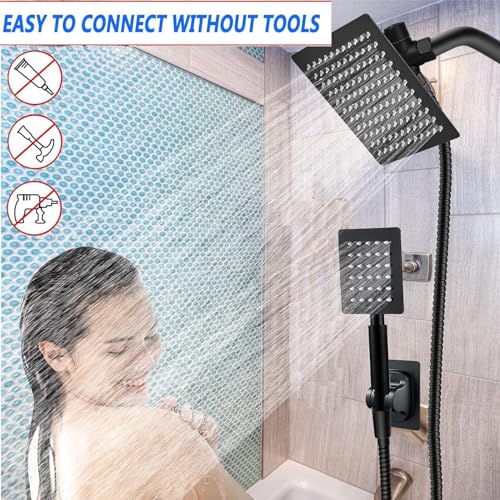 Black Shower Head and Handle Set All Metal, 8'' High Pressure Rain 2 in 1 Showerhead with Handheld Spray Combo with 78" Hose Stainless Steel, Adhesive Showerhead Holder, WOSAISIUS