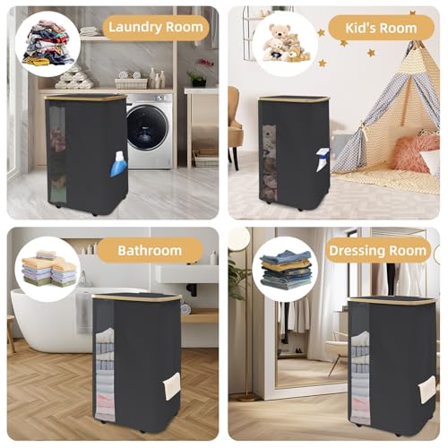 Rolling Laundry Hamper with Lid & Wheels, 110L Slim Double Black Laundry Hamper 2 Section, Narrow Large Laundrys Hampers with Removable Bags&Breathable Mesh, Dirty Clothes Hampers for Bedroom - color: 110L-Black
