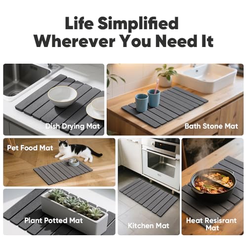 Stone Drying Mat for Kitchen Counter, Quick Diatomaceous Earth Mats for Dishes, 24"L x 16" W Super Absorbent Fast-Drying Collapsible Countertop Stone Mat (Dark Grey, 24" x 16") - color: Dark Gray