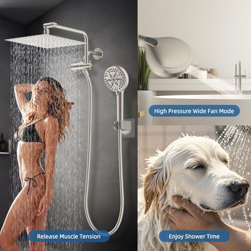 12" Metal Rainfall Shower Head with 10-Mode Handheld, Brushed Nickel | NSF/ANSI/CAN 372 Certified, High Pressure Showerhead Combo with 11" Adjustable Shower Arm, 71" Hose, Shower Head Holder - color: Brushed Nickel, style: Square 12"
