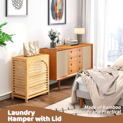 Laundry Hamper with Lid, Bamboo with Handles and Removable Liner Bag, 125L Laundry Basket for Bedroom, Bathroom & Laundry Room (Natural) - color: Natural