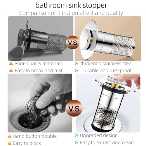 2 PCS 3-in-1 Bathroom Sink Drain Strainer Stopper,Stainless Steel Pop-up Strainer Basket Hair Catcher with Removable Basket, Brass Bullet Core, Universal Fit for Bathtubs, Showers & Floor Drains