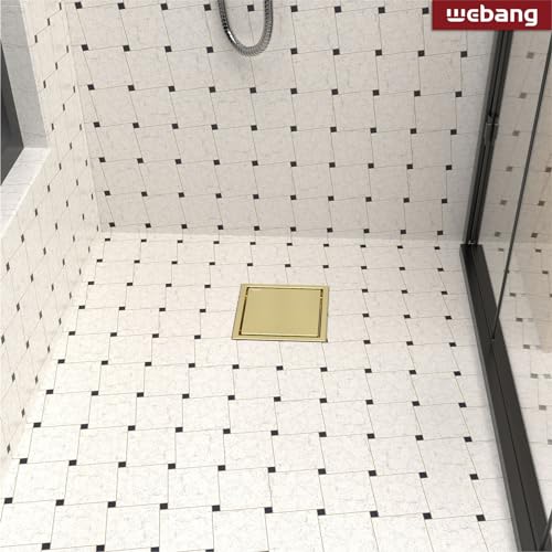 6 Inch Square Shower Drain Gold Floor Drain with Flange Reversible 2-in-1 Cover Tile Insert Grate Removable SUS304 Stainless Steel CUPC Certified Brushed Gold - color: Brushed Gold, size: 6 Inch