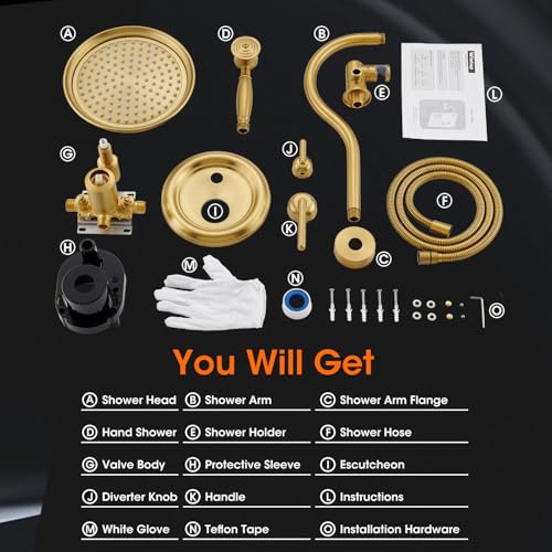 Rainfall Shower System Shower Faucet Set, Luxury, Antique, Brushed Gold | 9 Inch Single Function Shower Head, Pressure Balance Valve, Wall Mounted, Bathroom, Shower Trim Kit - color: Brushed Gold, style: With Handheld
