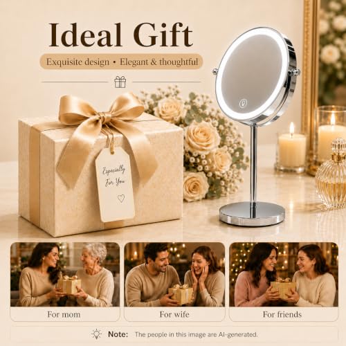 Ysenchan Lighted Makeup Mirror, 8'' Rechargable LED Vanity Magnifying Mirror, Double Sided 5X Manification Mirror with Stand, Cosmetic Standing Desk