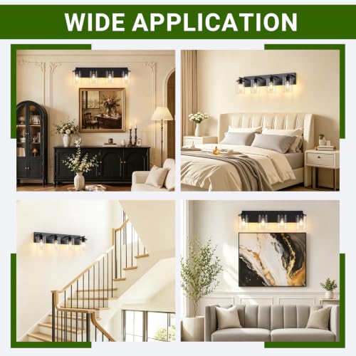 4-Light Bathroom Lighting Fixtures Over Mirror, Matte Black Bathroom Vanity Lights with Clear Glass Shade, Modern Vanity Lighting Fixtures for Living Room, Bedroom, Hallway - size: 4-Light