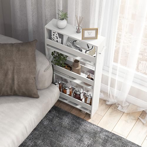 COSTWAY Slim Rolling Storage Cart, 4-Tier Rolling Utility Cart, Wood Kitchen Storage Cart with Handle & Wheels, Narrow Rolling Shelving Unit for Kitchen Bathroom Laundry Small Places (Plain White) - color: Plain White