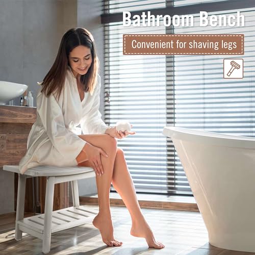 BRIOPAWS Shower-Bench-Seat-Waterproof | White Shower Stool-for-Inside-Shower | HDPE Plastic | Bathroom-Benches w/Storage Shelf & Handles | Shaving Legs | Indoor Outdoor Use | 21.8 x 14 x 18.1 Inch - size: White-L