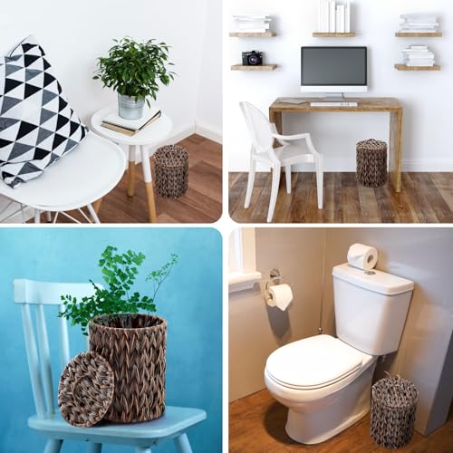 Ctosree 1.3 Gal Boho Woven Trash Can with Lid, Dark Brown | Braided polypropylene waste basket with handle and 100 garbage bags for bathroom, bedroom, office, or laundry. - color: Dark Brown, style: Round
