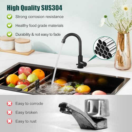 Heyalan SUS304 Cold Water Bar Sink Faucet, Single Handle,Matte Black | SUS304 stainless steel, high-arc gooseneck, single-hole deck mount, 24-inch supply hose, 2.5-inch shank, 1.8 GPM - color: Matte Black