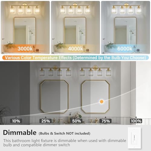 4 Light Bathroom Light Fixtures, Modern Crystal Vanity Lights over Mirror | Metal Frame, Bathroom Light with Square Crystal Shade, ETL Certified, E26 Ceramic Socket, Bulbs Not Included - color: Gold, size: 4-Light