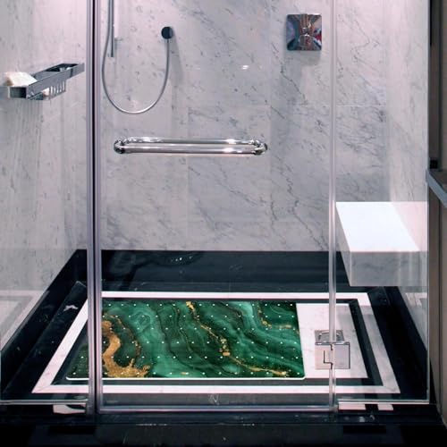 Non Slip Shower Mat Bathtub Mat 15.1x26.8 Inch, Quick Dry Bath Mat with Drain, Soft PVC Bath Mats for Bathroom Tub Shower Floor, Green Marble Gold Veins - color: Multi 5