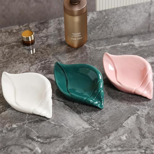 Sea-Shell Soap Holder, Ceramic Soap Tray with Self Draining, Soap Tray for Sink Washroom Bathroom Shower, Small Cute and Elegant Holder with Glaze, Easy Cleaning (White) - color: White