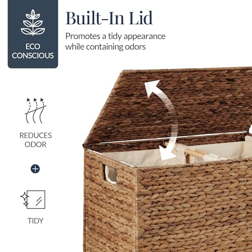 Best Choice Products Large Double Laundry Hamper with Lid, Natural Handwoven Water Hyacinth, 2 Sections w/ 2 Machine Washable Linen Liner Bags, Portable, Handles - Chestnut - color: Chestnut