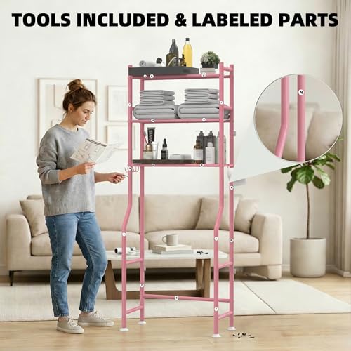 GloTika 3-Tier Over Toilet Storage, Anti-Tilt, 64" H, Pink | Anti-Tilt Safety System, 150lb Capacity, Carbon Steel, Freestanding, No Drilling, Anti-Rust Coating, Paper Holder & 4 Hooks - color: Pink, size: 3-Tier