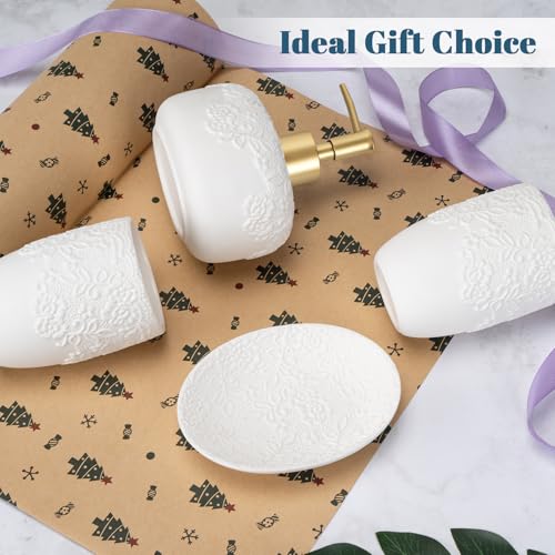 Bathroom Accessories Set, 4pcs Ceramic with Embossed Design Look Sets Bathroom Soap Dispenser with Rust-Proof Plastic Pump 13.5oz & 2Pcs Ceramic Cup, 1Pcs Soap Dish - color: White-gold