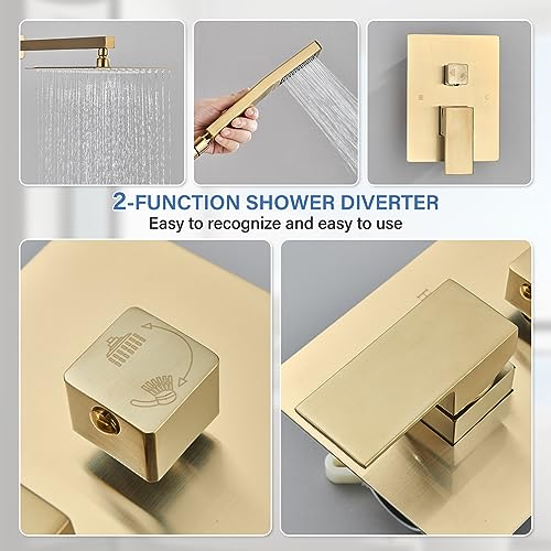 Shower Faucet Rain Shower System with 12 Inches Rainfall Shower Head and Handheld Spray Combo Bathroom Shower Faucet Set Complete Brushed Gold Shower Valve and Trim Kit Wall Mounted - color: Brushed Gold, size: Brushed Gold-12''