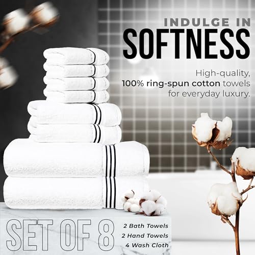8-Piece Premium Towel Set, 2 Bath Towels, 2 Hand Towels, and 4 Wash Cloths, 100% Ring Spun Cotton Highly Absorbent Towels for Bathroom, Gym, Hotel, and Spa - color: Black
