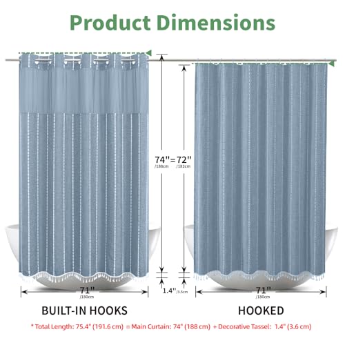 eachope Boho Farmhouse No Hook Shower Curtain Set with Snap-in Fabric Liner,Heavy-Duty Linen Textured Rustic Striped Design,Water-Repellent with Tassels and Sheer Window,Blue,71x74 | Linen Texture,230GSM Thick Fabric,Hotel Luxury Decor,Mesh Window,Waterpr