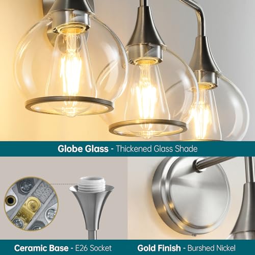 Brushed Nickel Bathroom Vanity Light 3 Lights Bathroom Light Fixtures Over Mirror with Clear Glass Shade 22.4 inch Wall Sconces Lighting Bath(Exclude E26 Bulb) - color: Brushed Nickel, size: 3 Light